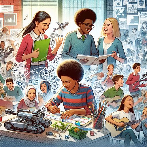 A vibrant illustration of diverse students engaging in various group activities at a school setting, with elements showcasing teamwork and fun, emphasizing collaboration and personal growth.