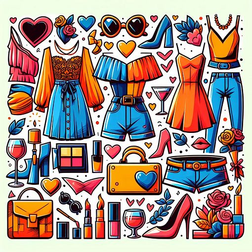 Create a colorful and engaging illustration of trendy clothing styles, a variety of makeup looks, and romantic date settings, in a fun and youthful artistic style.