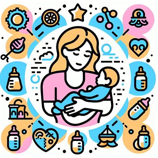 Create a colorful and engaging illustration of a happy mother feeding her baby, surrounded by icons representing baby care like bottles, toys, and nutrition symbols. Include soft pastel colors to give it a warm and nurturing feel.