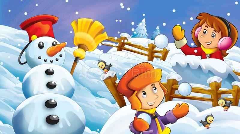 cartoon-winter-scene-kids-playing-snow-fight-snowman-illustration-children-134858633